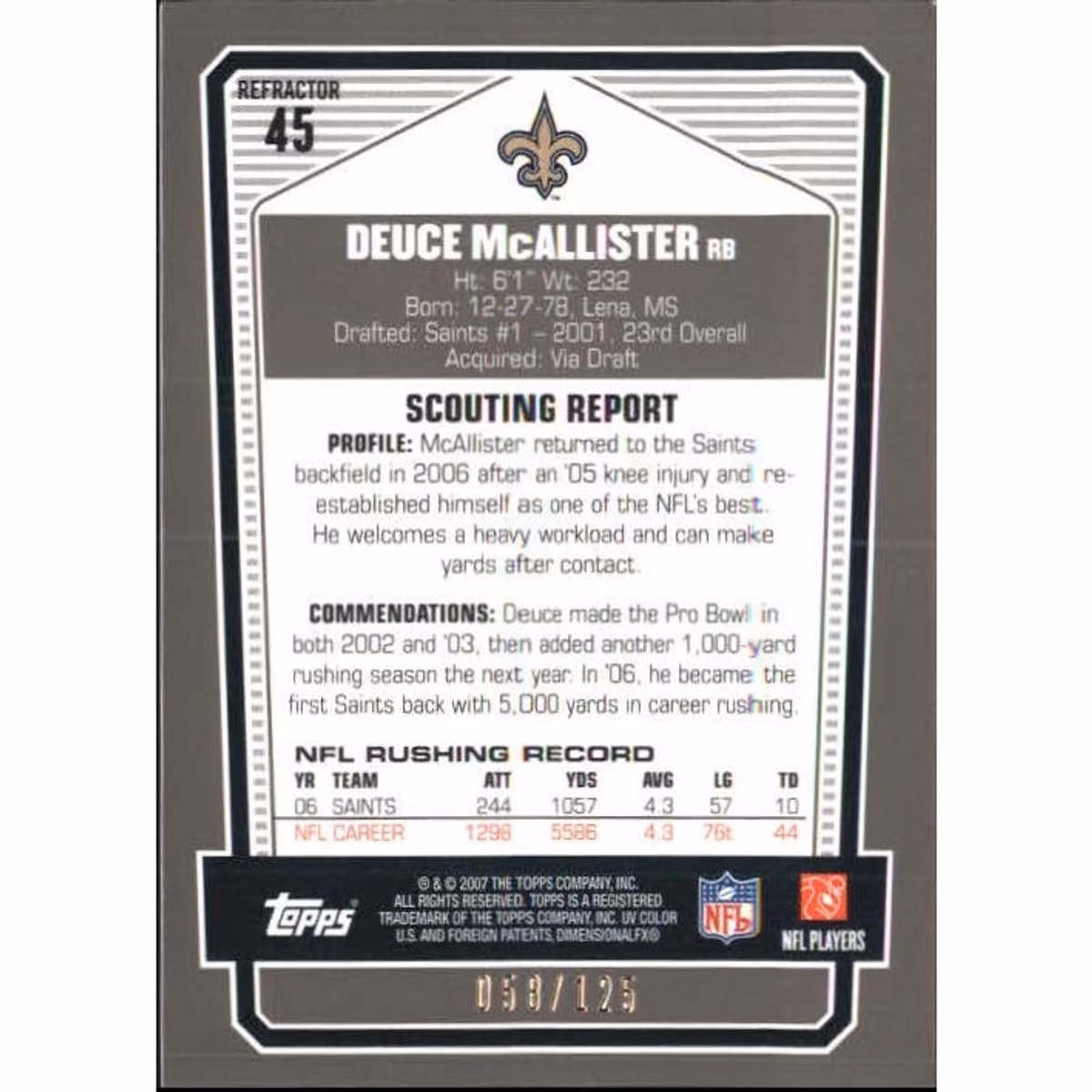 2007 Topps Draft Picks and Prospects Chrome Silver Refractors #45 Deuce McAllister