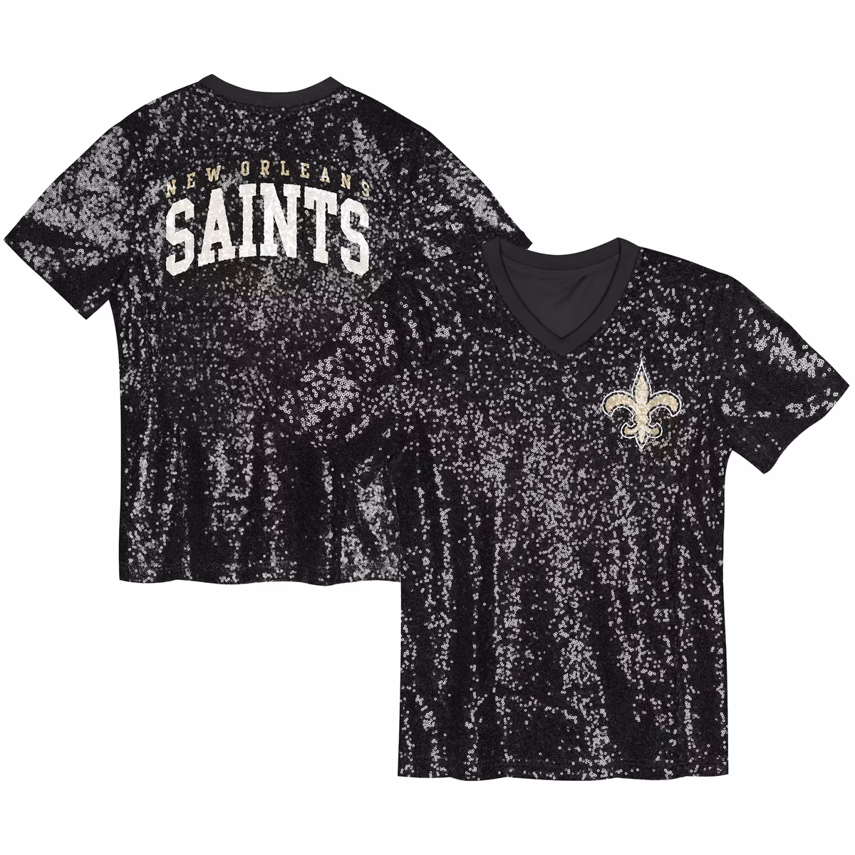 Girls Youth Black New Orleans Saints Wordmark Sequin V-Neck Top 2 Girls Youth Black New Orleans Saints Wordmark Sequin V-Neck Top