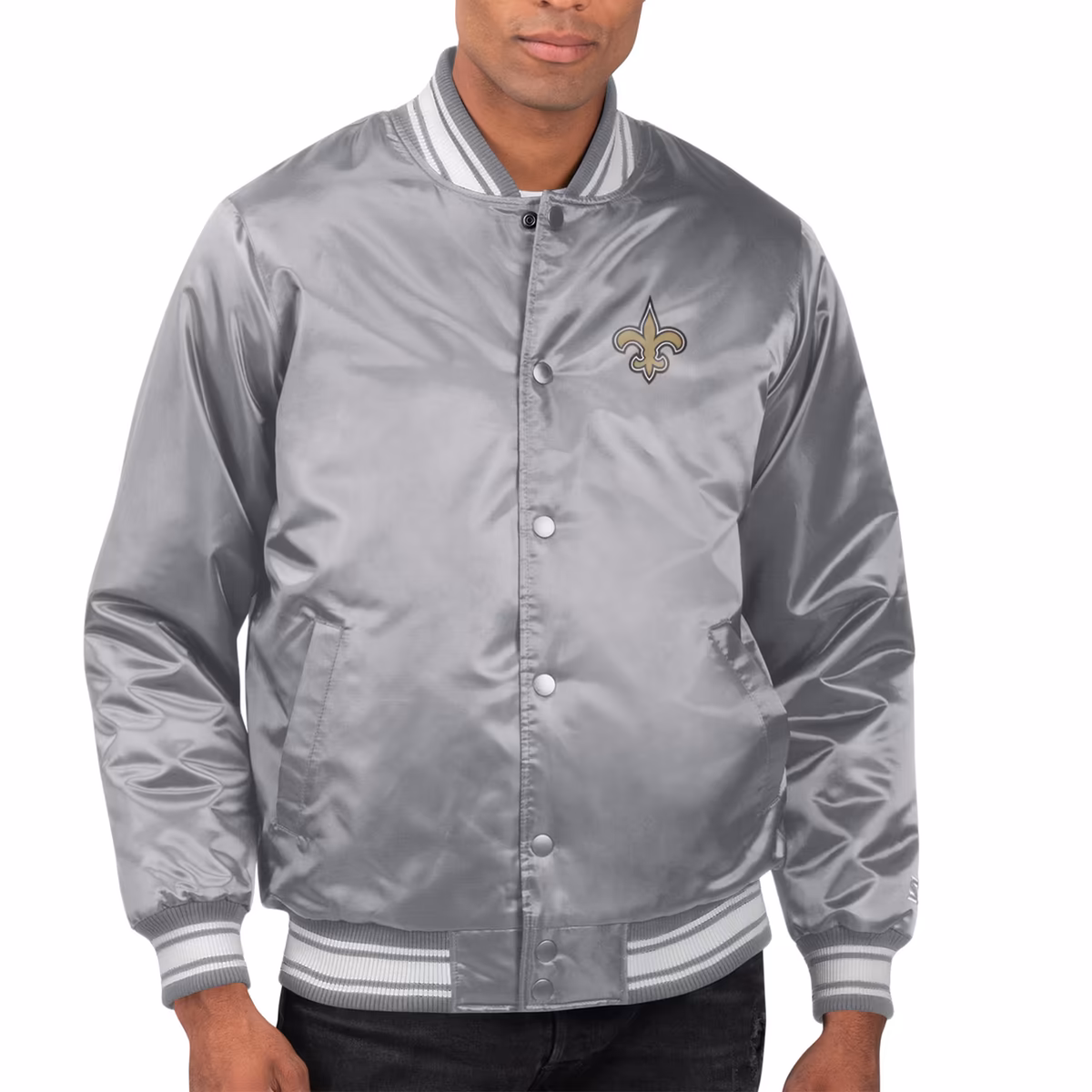 Men's Starter Gray New Orleans Saints Printed Team Logo Satin Varsity Full-Snap Jacket 2 Men's Starter Gray New Orleans Saints Printed Team Logo Satin Varsity Full-Snap Jacket