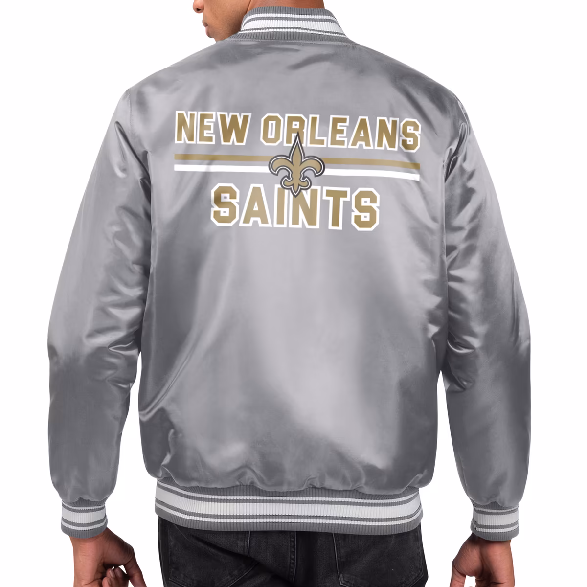 Men's Starter Gray New Orleans Saints Printed Team Logo Satin Varsity Full-Snap Jacket 4 Men's Starter Gray New Orleans Saints Printed Team Logo Satin Varsity Full-Snap Jacket