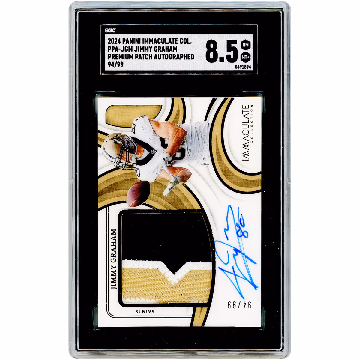 Jimmy Graham New Orleans Saints Autographed 2024 Panini Immaculate Collection Tri-Color Jumbo Relic #PPA-JGM #94/99 SGC Authenticated 8.5 Card