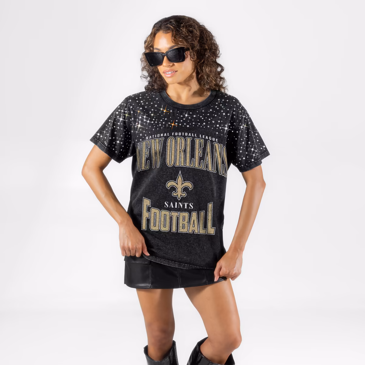 Women's Gameday Couture Black New Orleans Saints  In the Zone Washed Micro Rhinestone T-Shirt