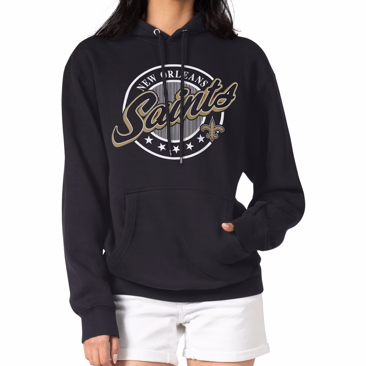 Women's G-III 4Her by Carl Banks Black New Orleans Saints Pinstripe Circle Fleece Pullover Hoodie 2 Women's G-III 4Her by Carl Banks Black New Orleans Saints Pinstripe Circle Fleece Pullover Hoodie