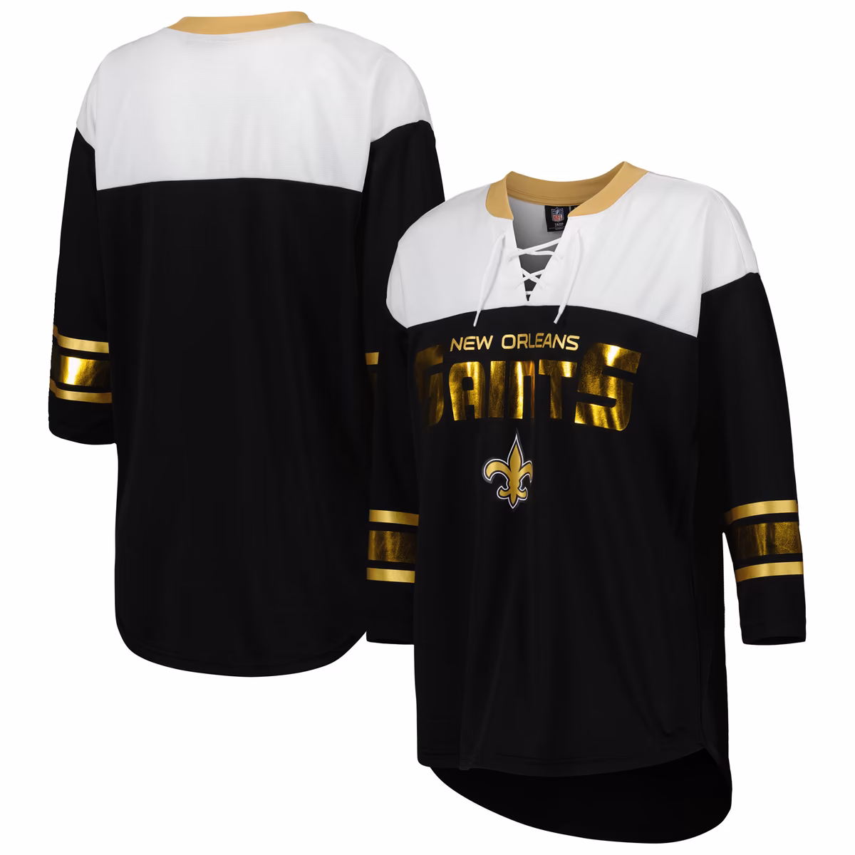 Women's G-III 4Her by Carl Banks Black/White New Orleans Saints Double Team 3/4-Sleeve Lace-Up T-Shirt 3 Women's G-III 4Her by Carl Banks Black/White New Orleans Saints Double Team 3/4-Sleeve Lace-Up T-Shirt
