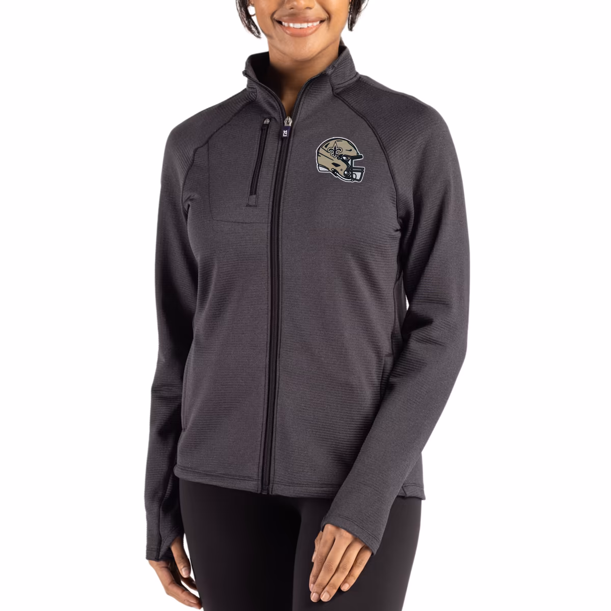 Women's Cutter & Buck Heather Black New Orleans Saints Peshastin Fleece Recycled Raglan Full-Zip Jacket 1 Women's Cutter & Buck Heather Black New Orleans Saints Peshastin Fleece Recycled Raglan Full-Zip Jacket