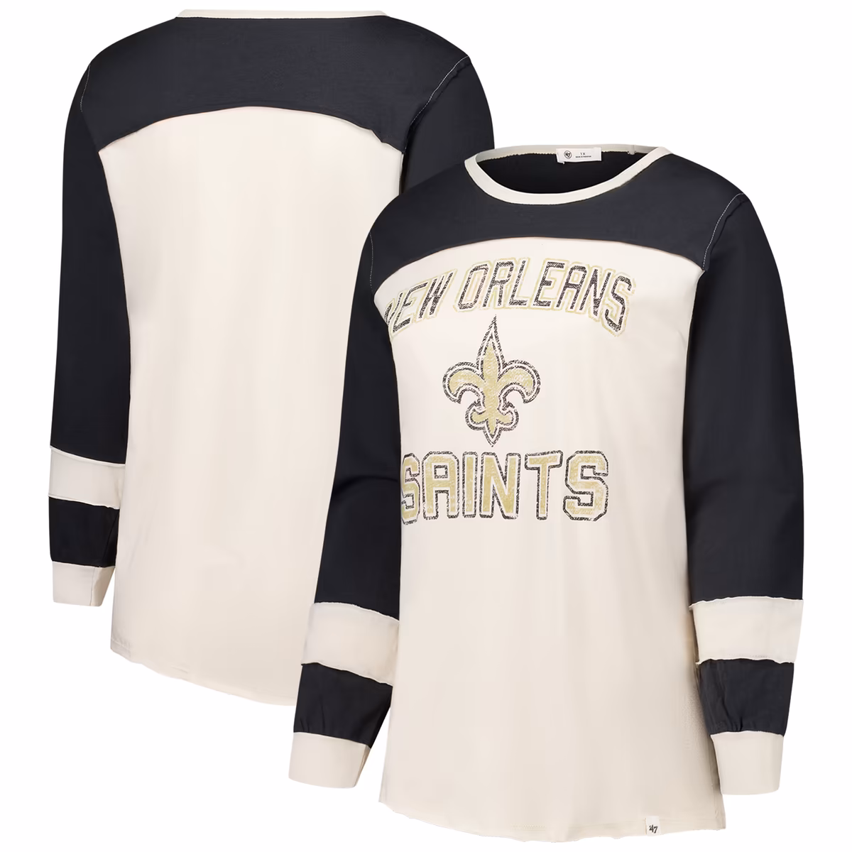 Women's '47 Cream/Black New Orleans Saints Plus Size Double Header Curve Toni Long Sleeve T-Shirt 2 Women's '47 Cream/Black New Orleans Saints Plus Size Double Header Curve Toni Long Sleeve T-Shirt