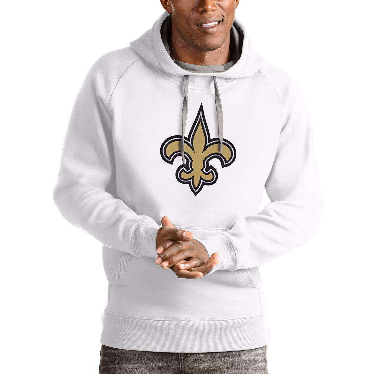 Men's Antigua White New Orleans Saints Victory Pullover Hoodie 1 Men's Antigua White New Orleans Saints Victory Pullover Hoodie