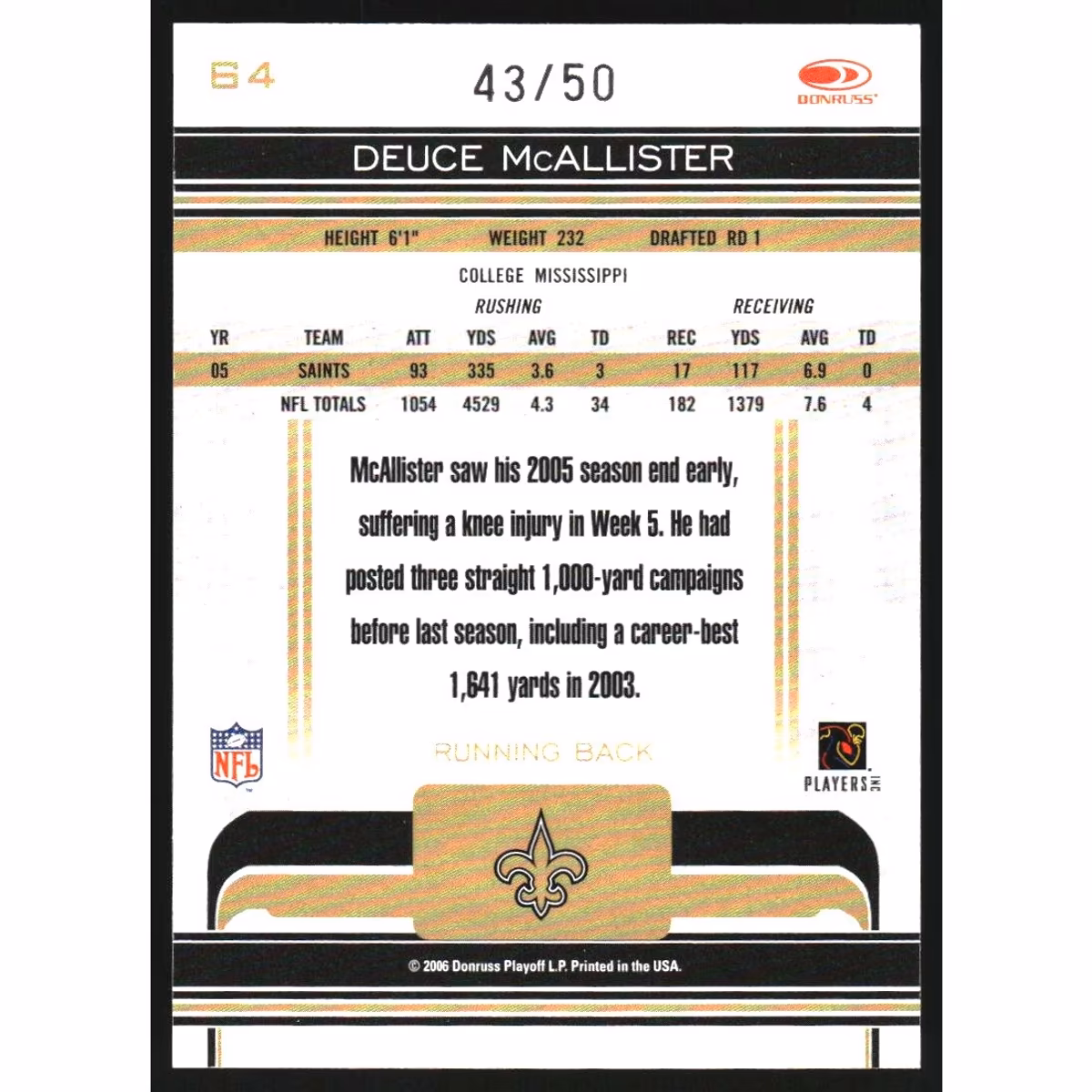 2006 Donruss Gridiron Gear Platinum Holofoil #64 Deuce McAllister