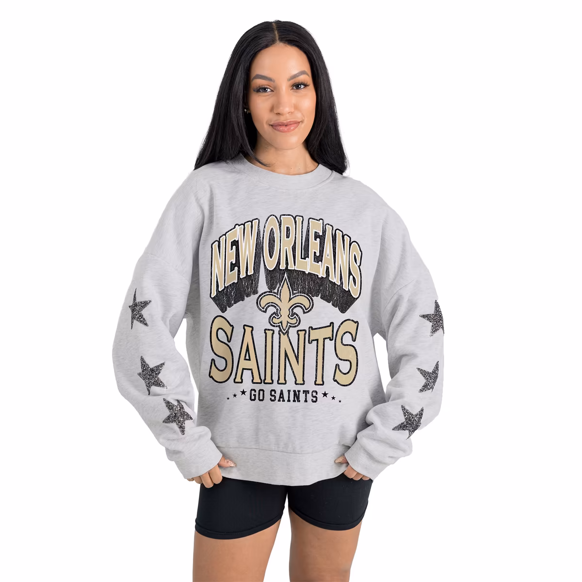 Women's Gameday Couture Ash New Orleans Saints Resilience Relaxed Rhinestone Pullover Sweatshirt 2 Women's Gameday Couture Ash New Orleans Saints Resilience Relaxed Rhinestone Pullover Sweatshirt