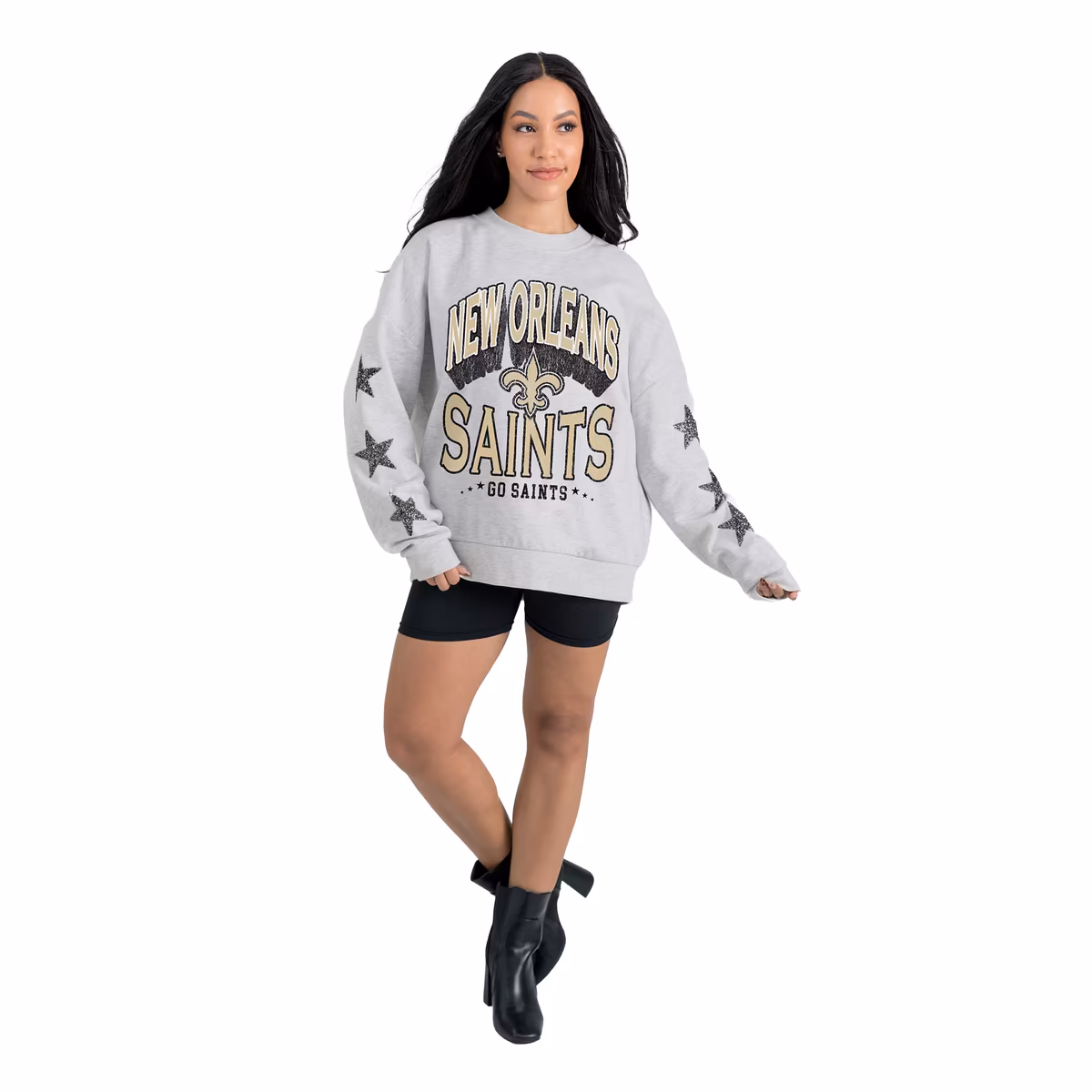Women's Gameday Couture Ash New Orleans Saints Resilience Relaxed Rhinestone Pullover Sweatshirt 4 Women's Gameday Couture Ash New Orleans Saints Resilience Relaxed Rhinestone Pullover Sweatshirt