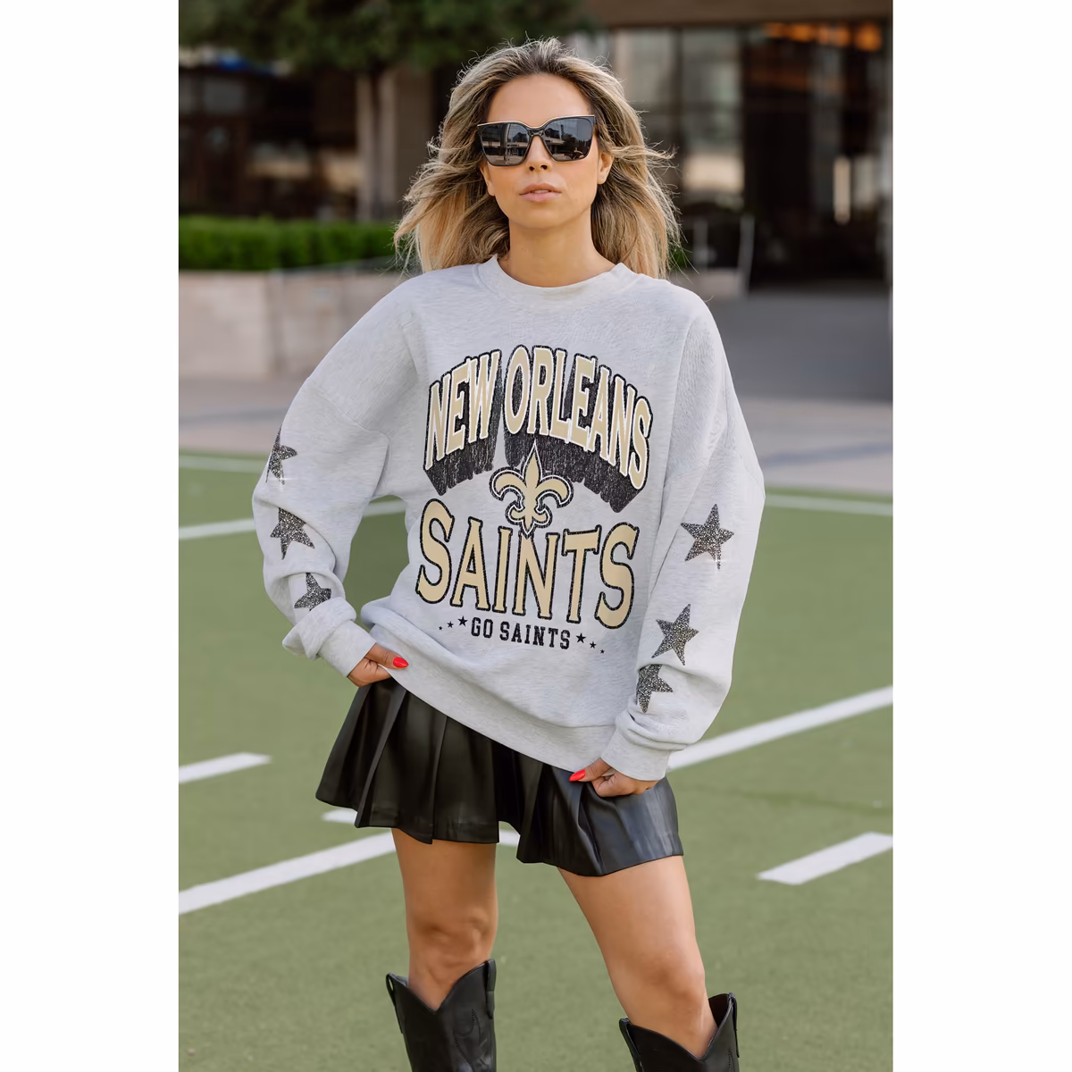 Women's Gameday Couture Ash New Orleans Saints Resilience Relaxed Rhinestone Pullover Sweatshirt 6 Women's Gameday Couture Ash New Orleans Saints Resilience Relaxed Rhinestone Pullover Sweatshirt