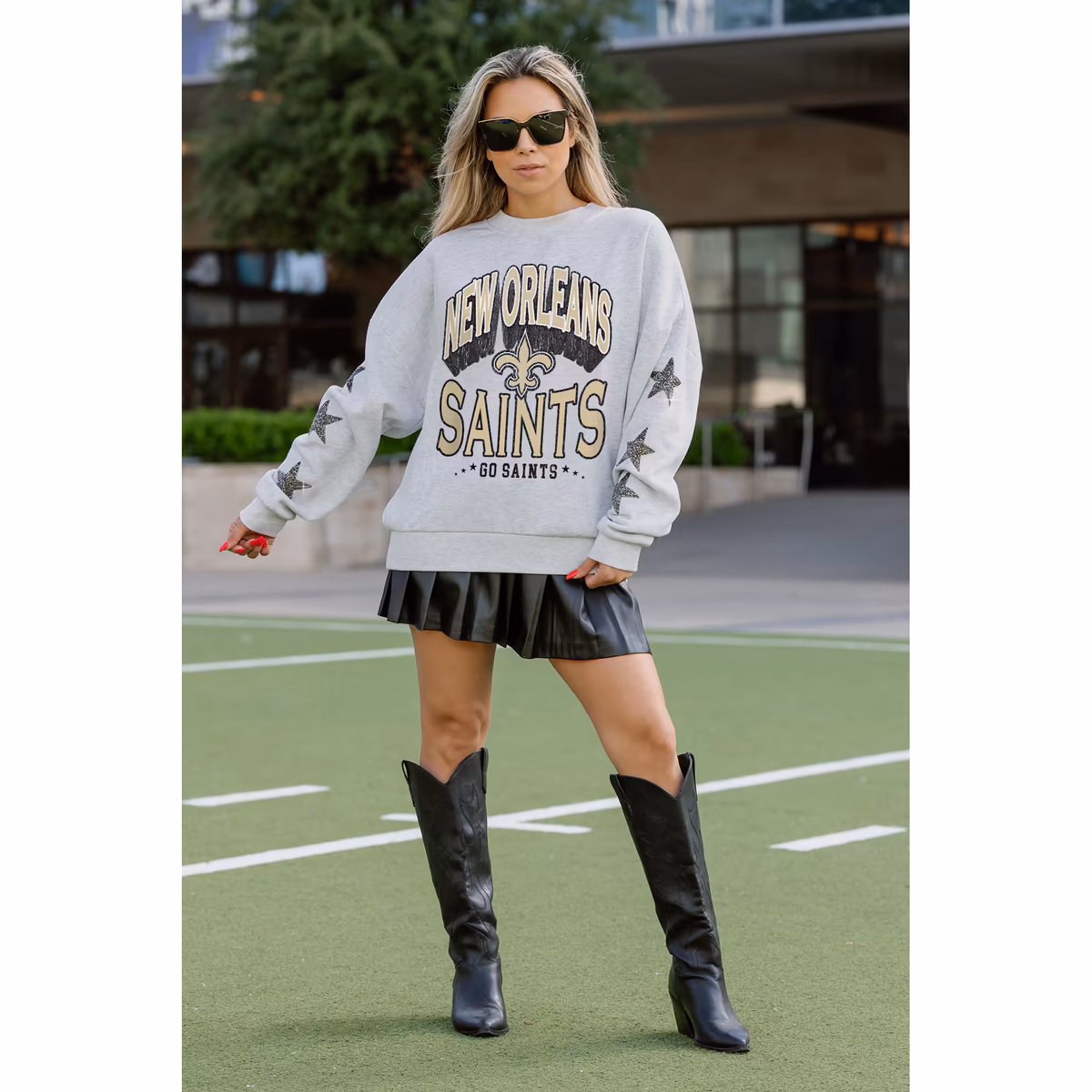 Women's Gameday Couture Ash New Orleans Saints Resilience Relaxed Rhinestone Pullover Sweatshirt 7 Women's Gameday Couture Ash New Orleans Saints Resilience Relaxed Rhinestone Pullover Sweatshirt
