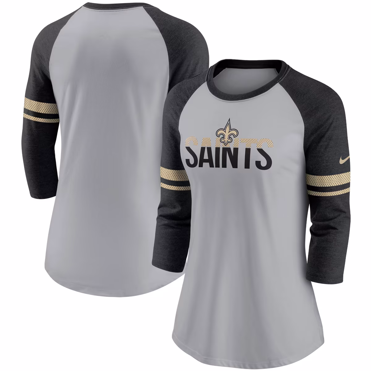 Women's Nike Heathered Gray/Black New Orleans Saints Stripe Mesh Nickname Tri-Blend 3/4-Sleeve T-Shirt 8 Women's Nike Heathered Gray/Black New Orleans Saints Stripe Mesh Nickname Tri-Blend 3/4-Sleeve T-Shirt