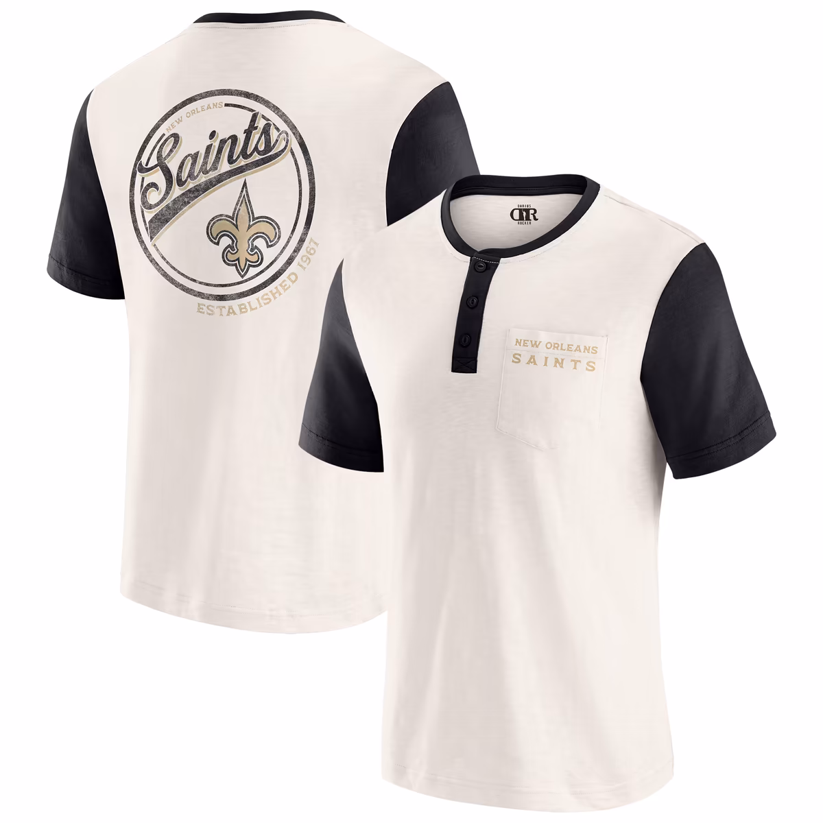 Men's Darius Rucker Collection by Fanatics Cream New Orleans Saints Henley Colorblock Slub Pocket T-Shirt