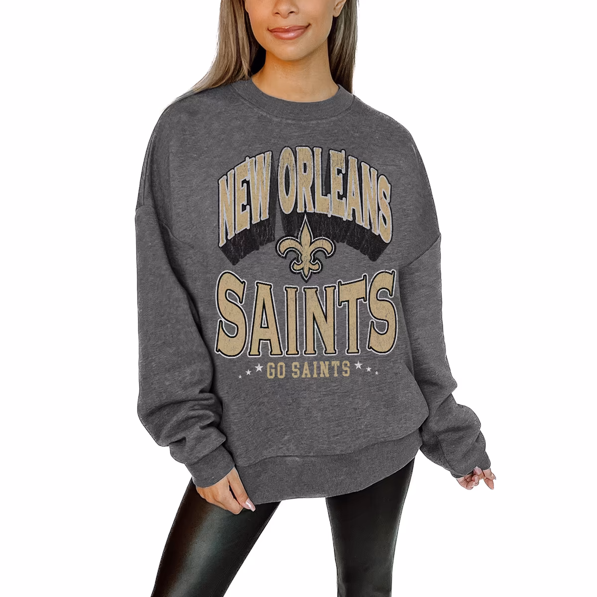 Women's Gameday Couture Charcoal New Orleans Saints Oversized Long Weekend Premium Fleece Drop Shoulder Pullover Sweatshirt