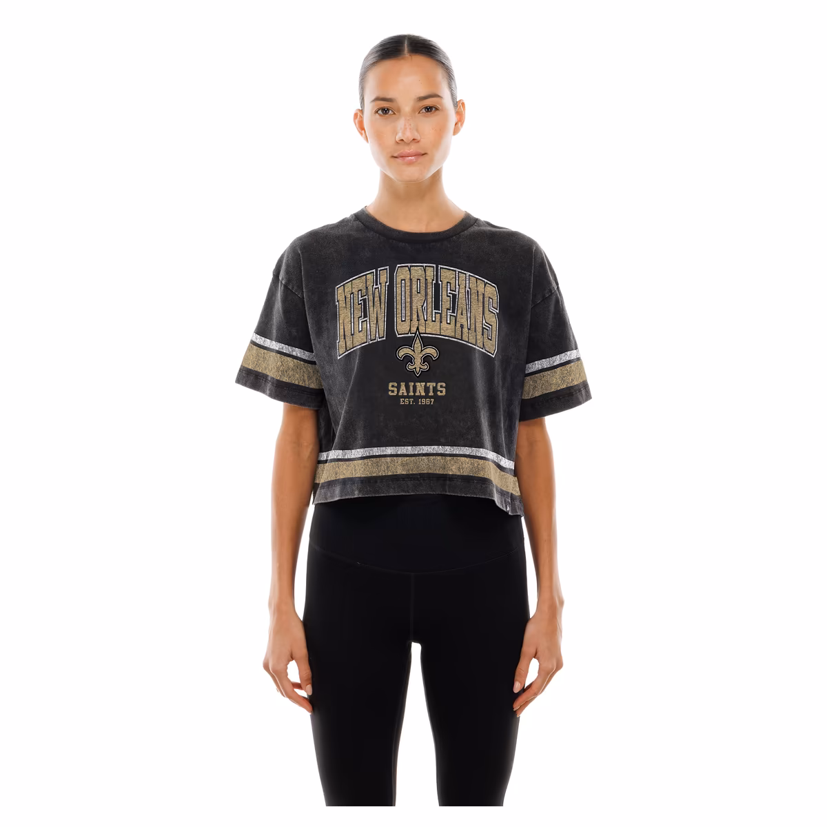 Women's New Era Black New Orleans Saints Lifestyle Mineral Wash Boxy Cropped T-Shirt 1 Women's New Era Black New Orleans Saints Lifestyle Mineral Wash Boxy Cropped T-Shirt