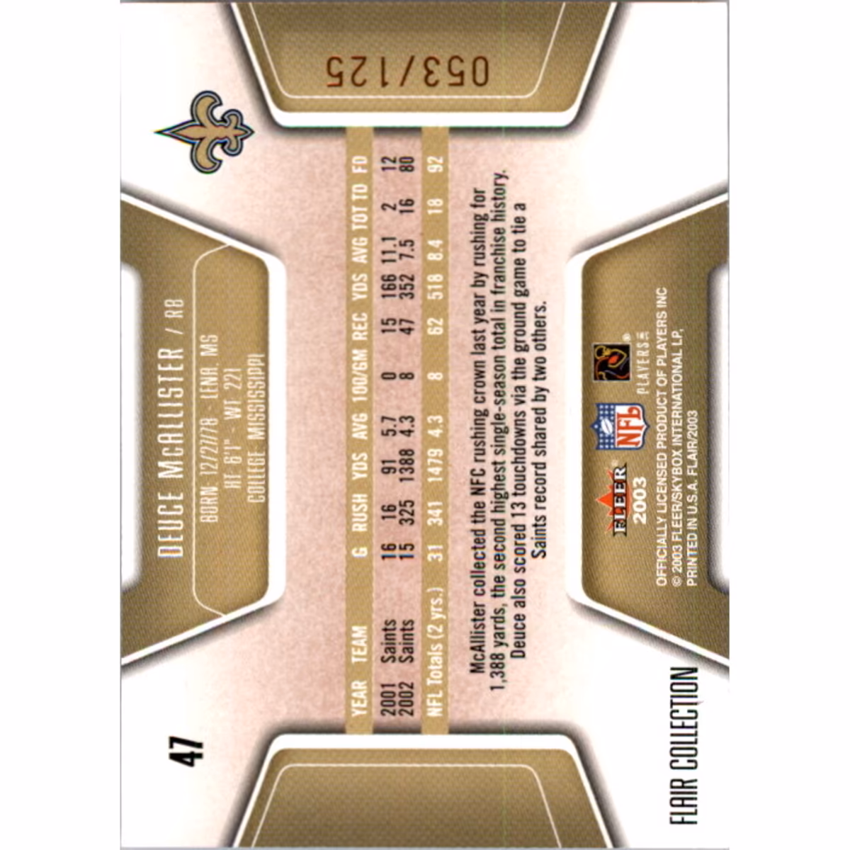 2003 Flair Collection #47 Deuce McAllister