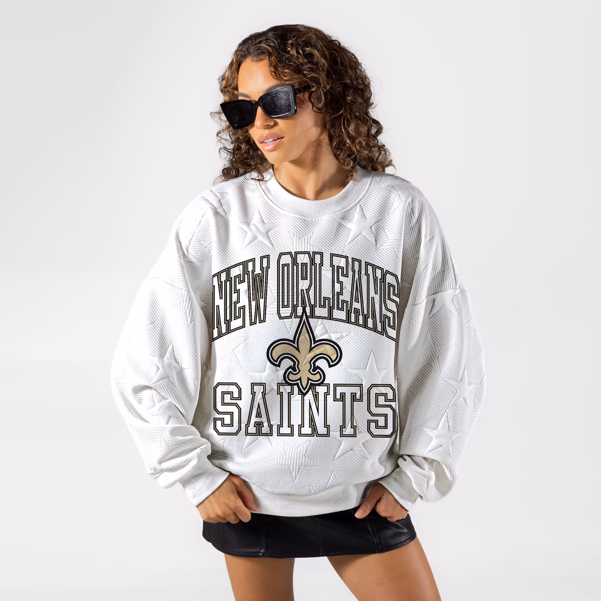 Women's Gameday Couture White New Orleans Saints Big Play Energy Tonal Star Embossed Sweatshirt