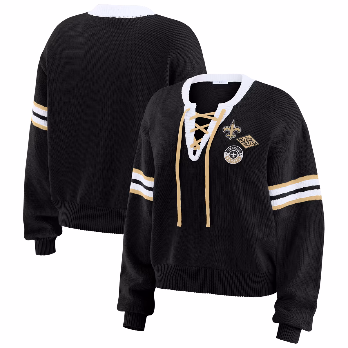 Women's WEAR by Erin Andrews Black New Orleans Saints Lace-Up Sweater 8 Women's WEAR by Erin Andrews Black New Orleans Saints Lace-Up Sweater